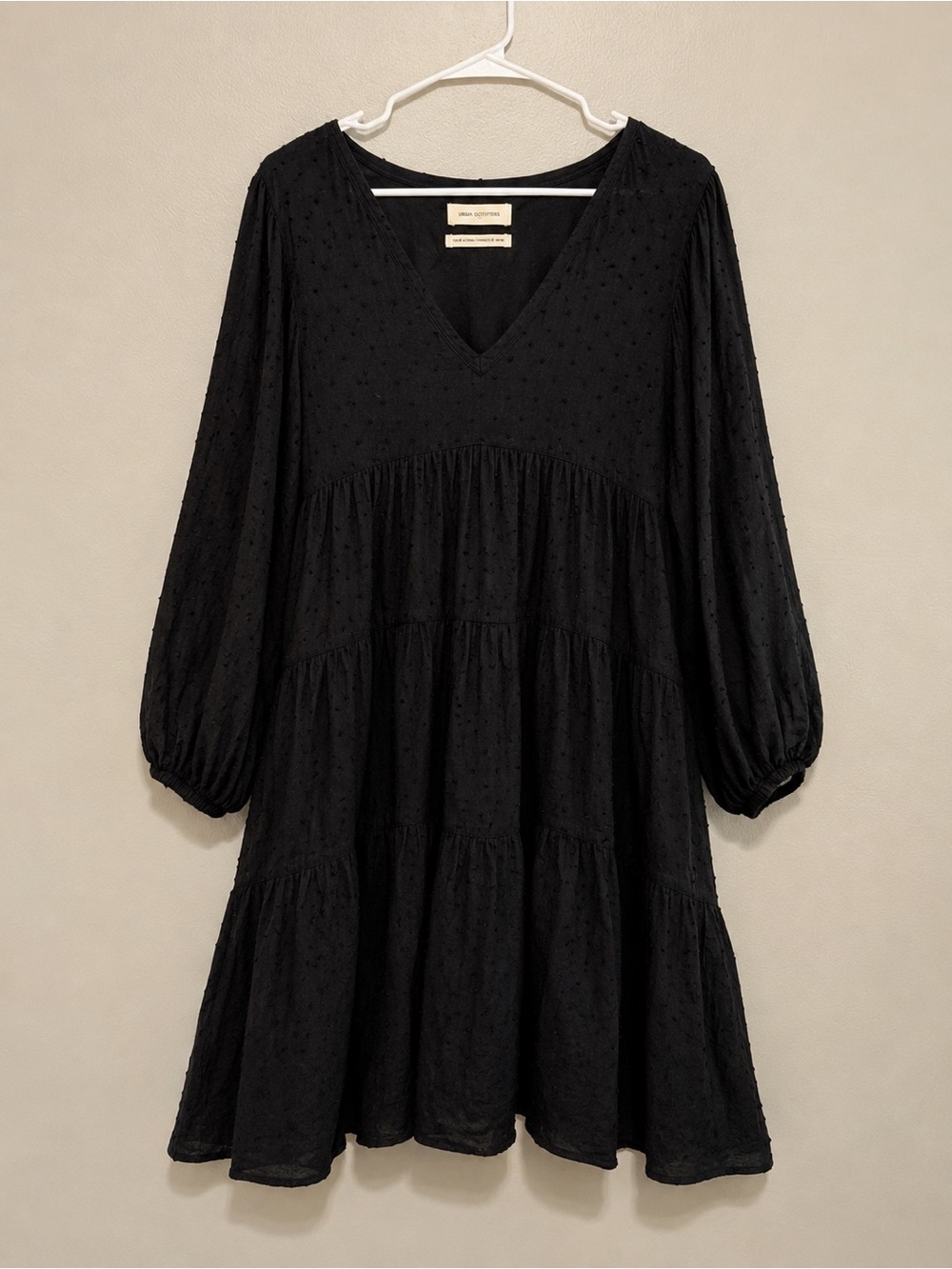 Urban Outfitters Black Swiss Dot Babydoll Mini Dress Boho Long Sleeve